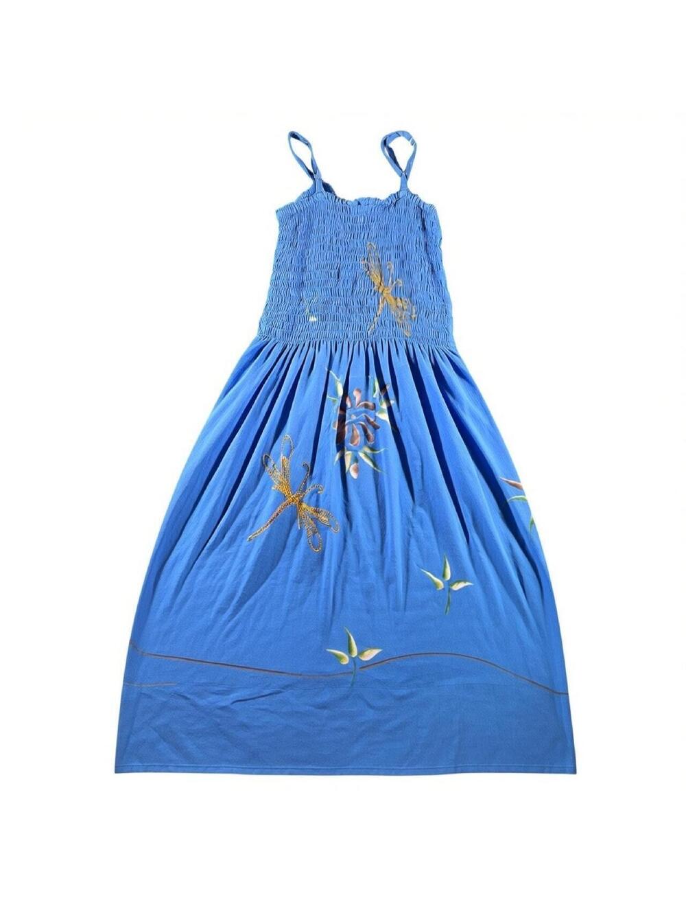 Tiki Palm Blue Dragonfly Floral Smocked Midi Dress